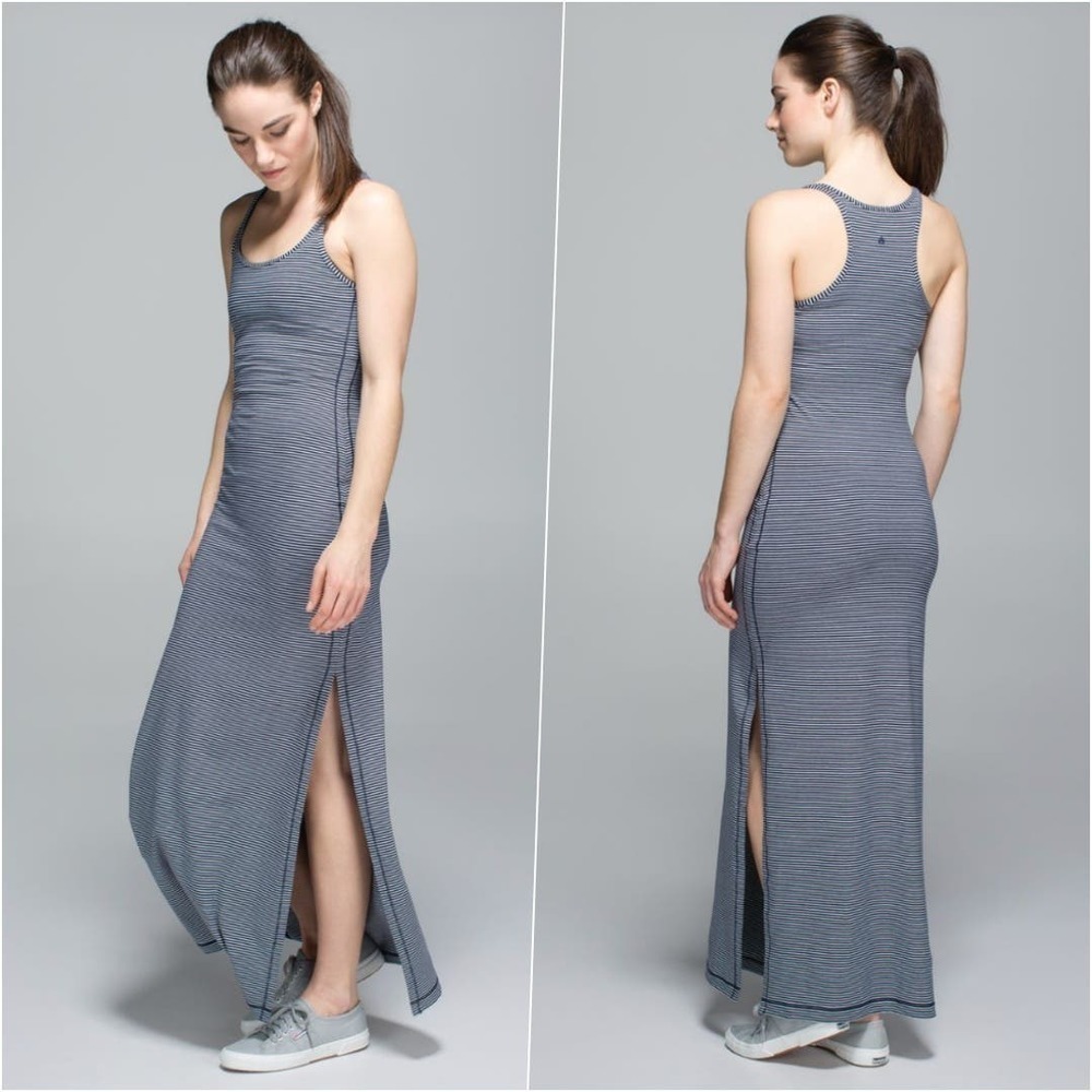Lululemon Racerback Maxi Sleeveless Slit Dress 2 Navy White Striped NWOT